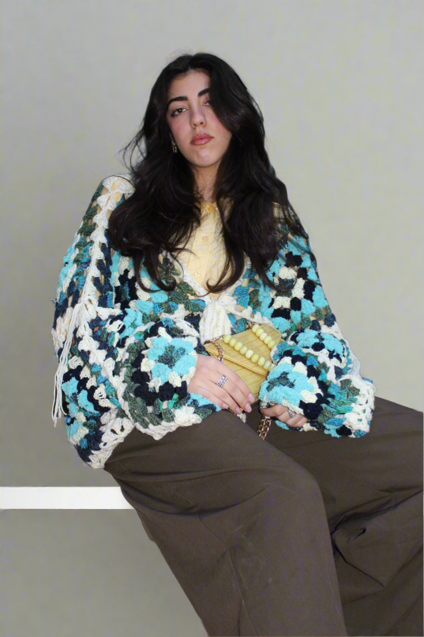 KROCHET KARDIGAN WITH FRINGE DETAILING IN BLUEBERRY MOJITO