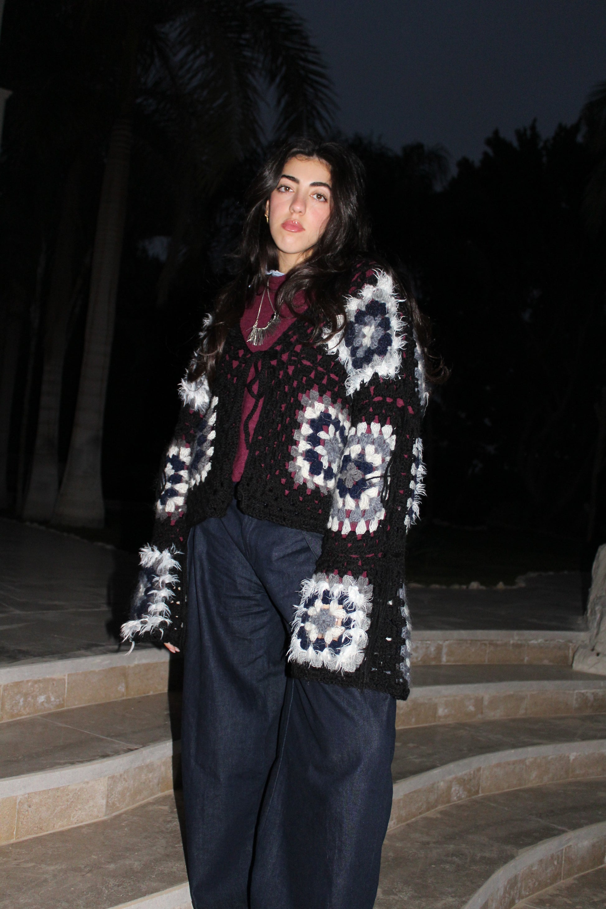 KROCHET KARDIGAN WITH FRINGE DETAILING IN BLACK CURRANT