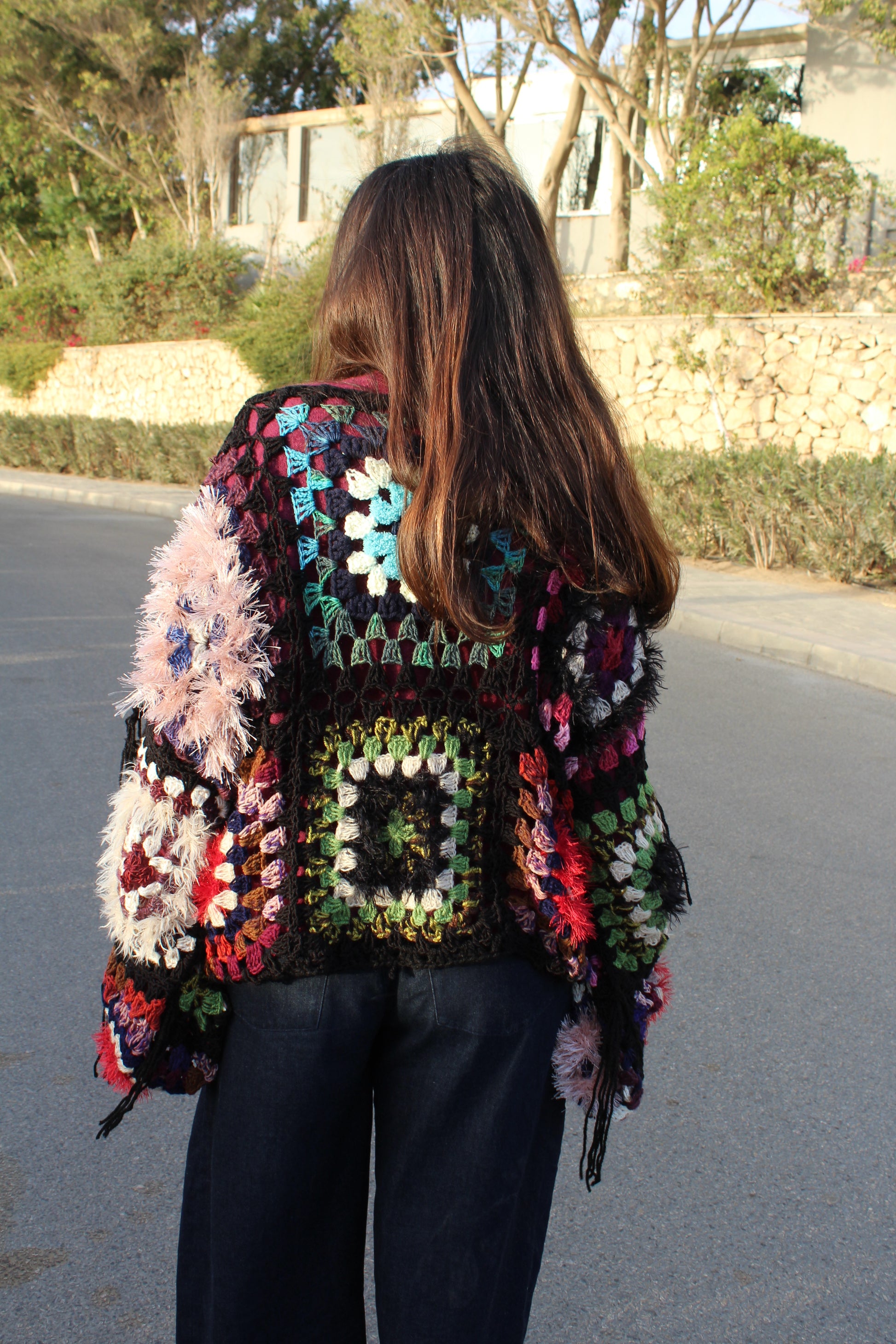 KROCHET KARDIGAN WITH FRINGE DETAILING IN CHOCOLATE SPRINKLES