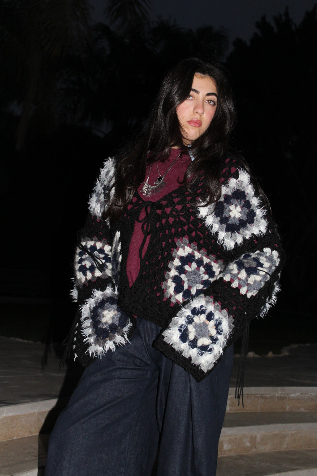 KROCHET KARDIGAN WITH FRINGE DETAILING IN BLACK CURRANT