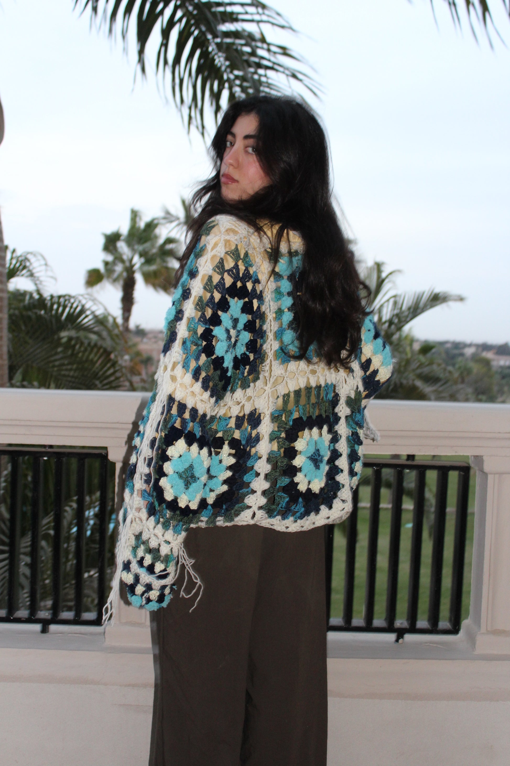 KROCHET KARDIGAN WITH FRINGE DETAILING IN BLUEBERRY MOJITO