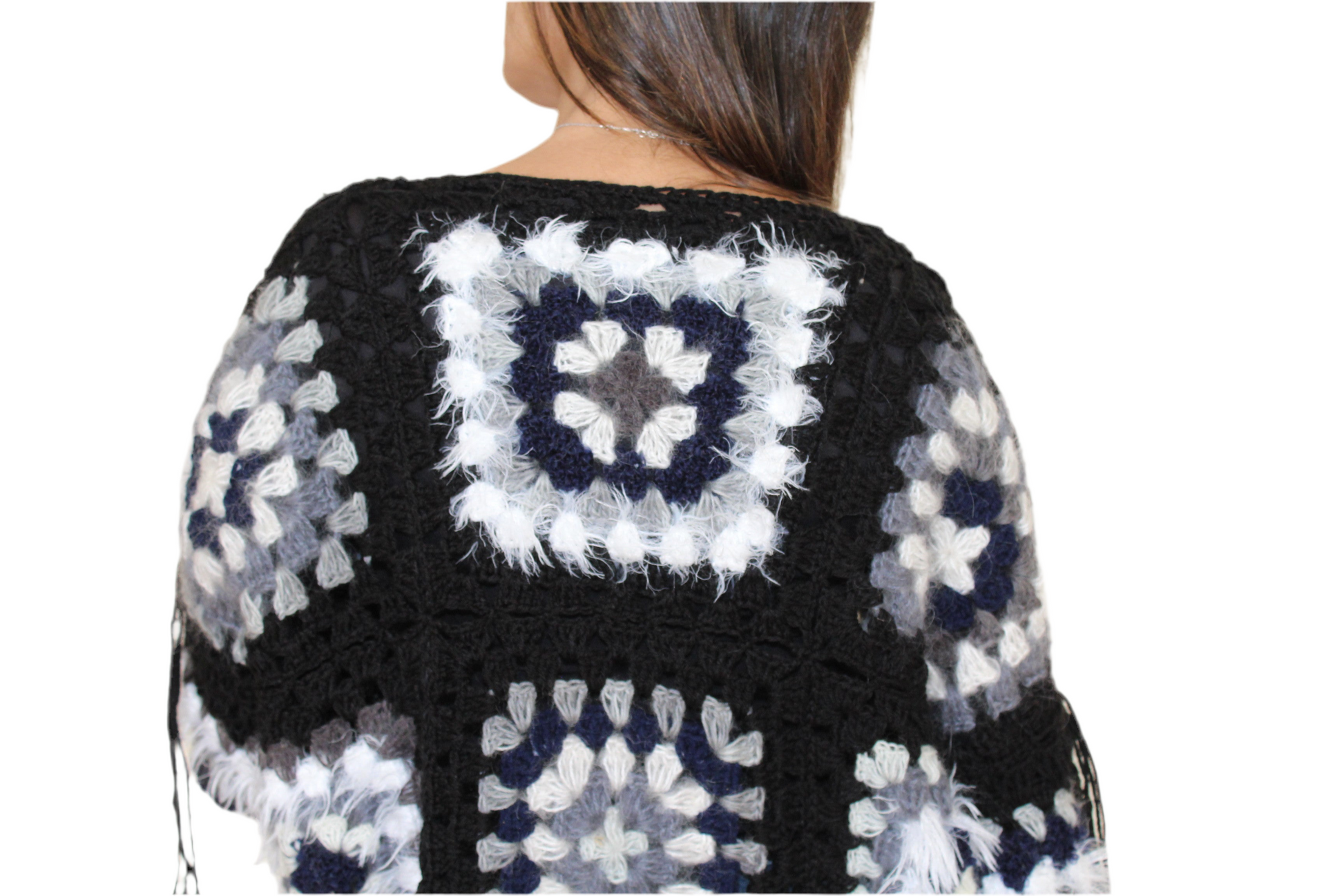 KROCHET KARDIGAN WITH FRINGE DETAILING IN BLACK CURRANT