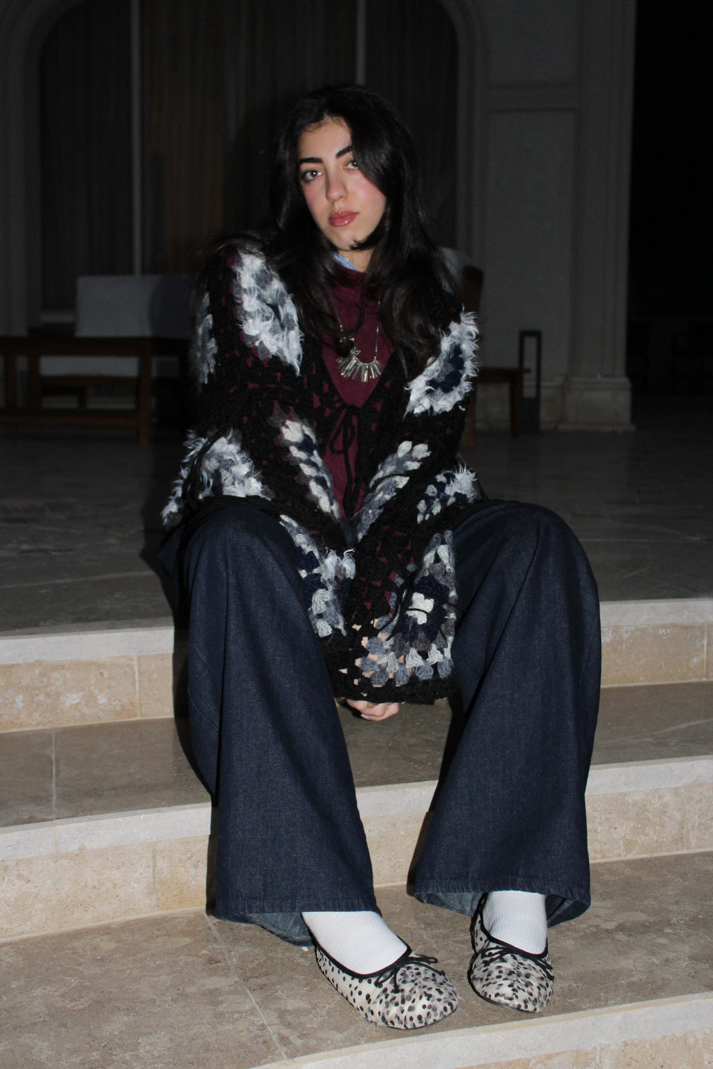 KROCHET KARDIGAN WITH FRINGE DETAILING IN BLACK CURRANT