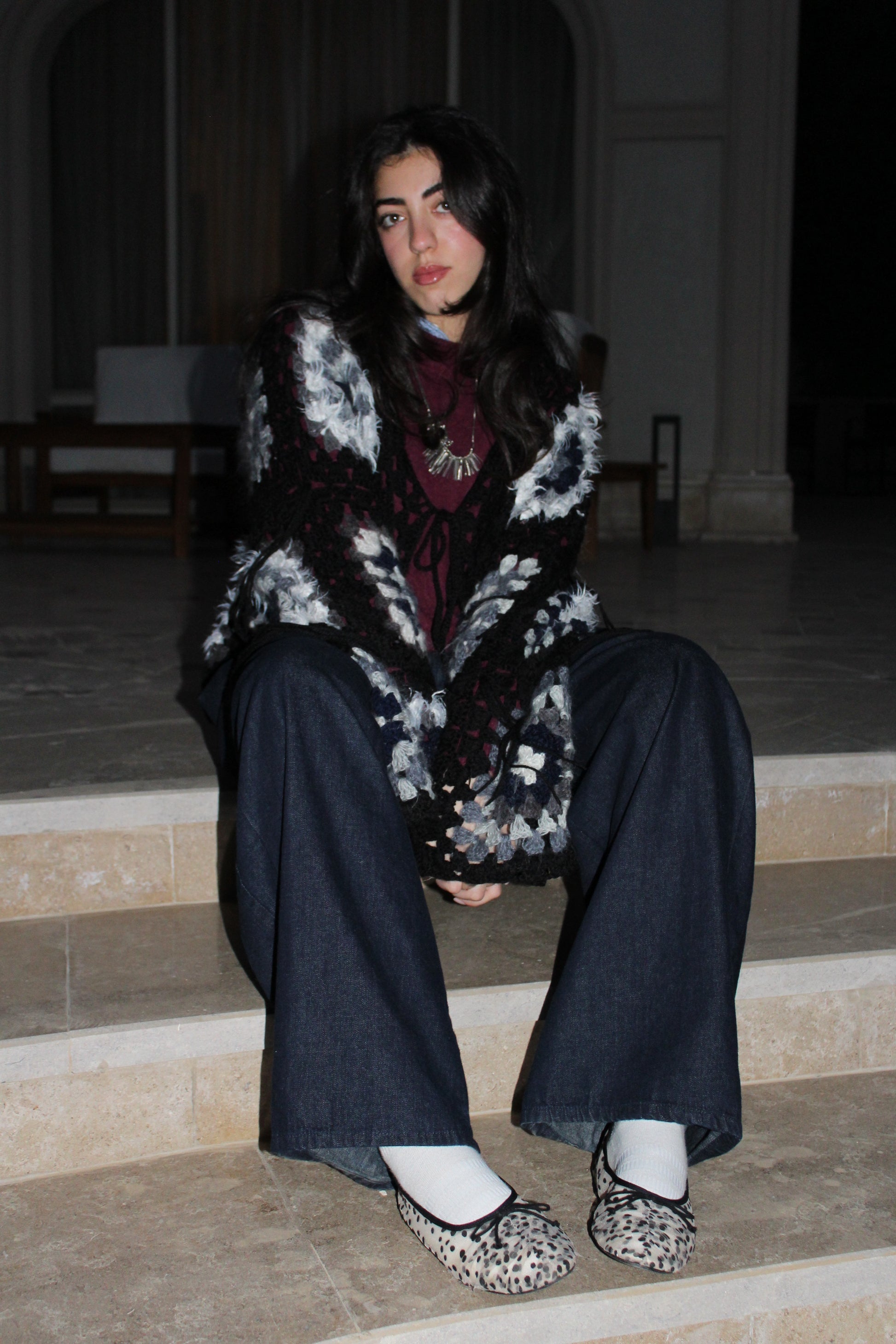 KROCHET KARDIGAN WITH FRINGE DETAILING IN BLACK CURRANT