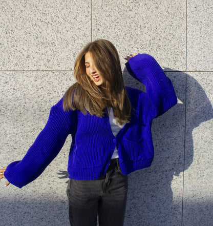 LIMITED EDITION STATEMENT KNIT CARDIGAN IN COBALT BLUE