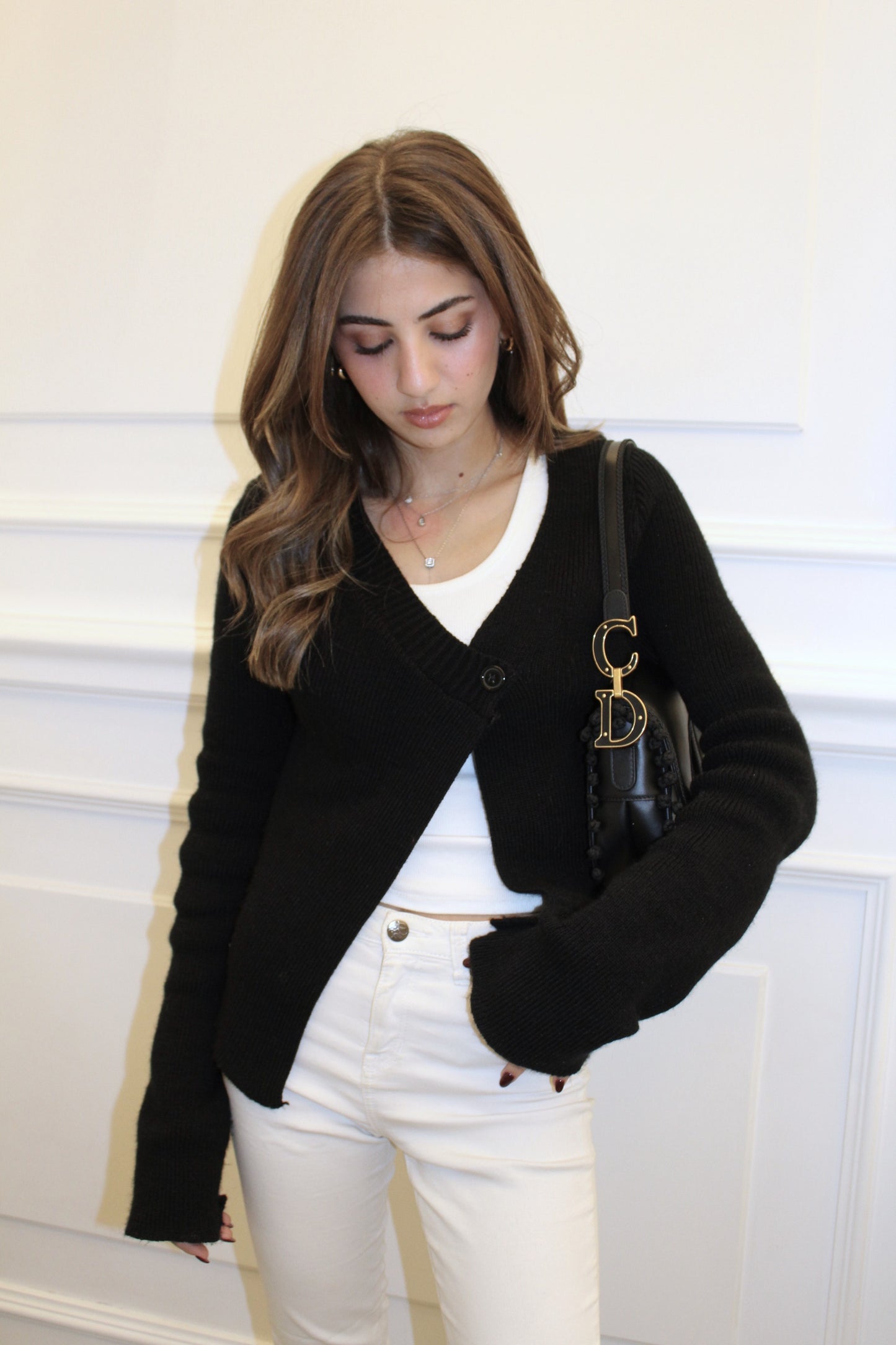 BUTTON-FRONT ASYMMETRIC KNIT CARDIGAN