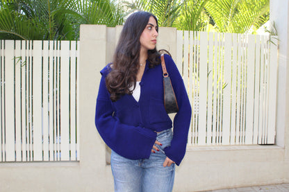 LIMITED EDITION STATEMENT KNIT CARDIGAN IN NAVY BLUE