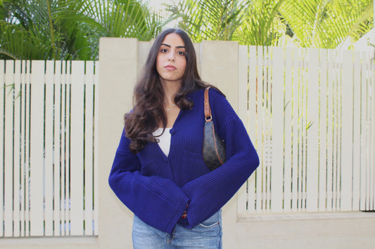 LIMITED EDITION STATEMENT KNIT CARDIGAN IN NAVY BLUE