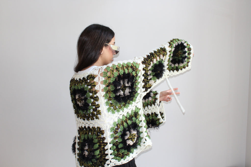 KROCHET KARDIGAN WITH FRINGE DETAILING IN KIWI SURPRISE