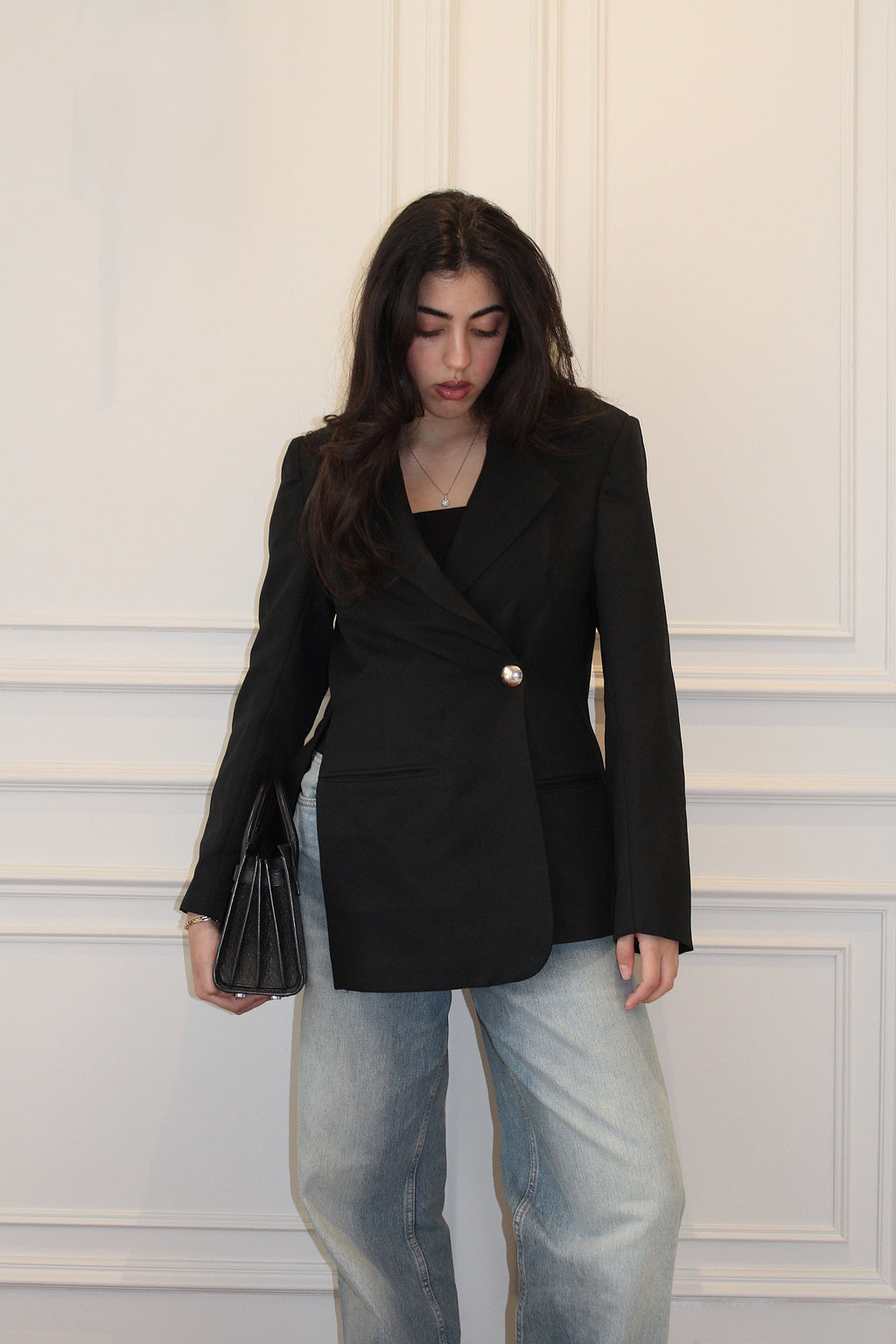 ASYMMETRIC SLIT BLAZER WITH METAL DETAIL (PREORDER)