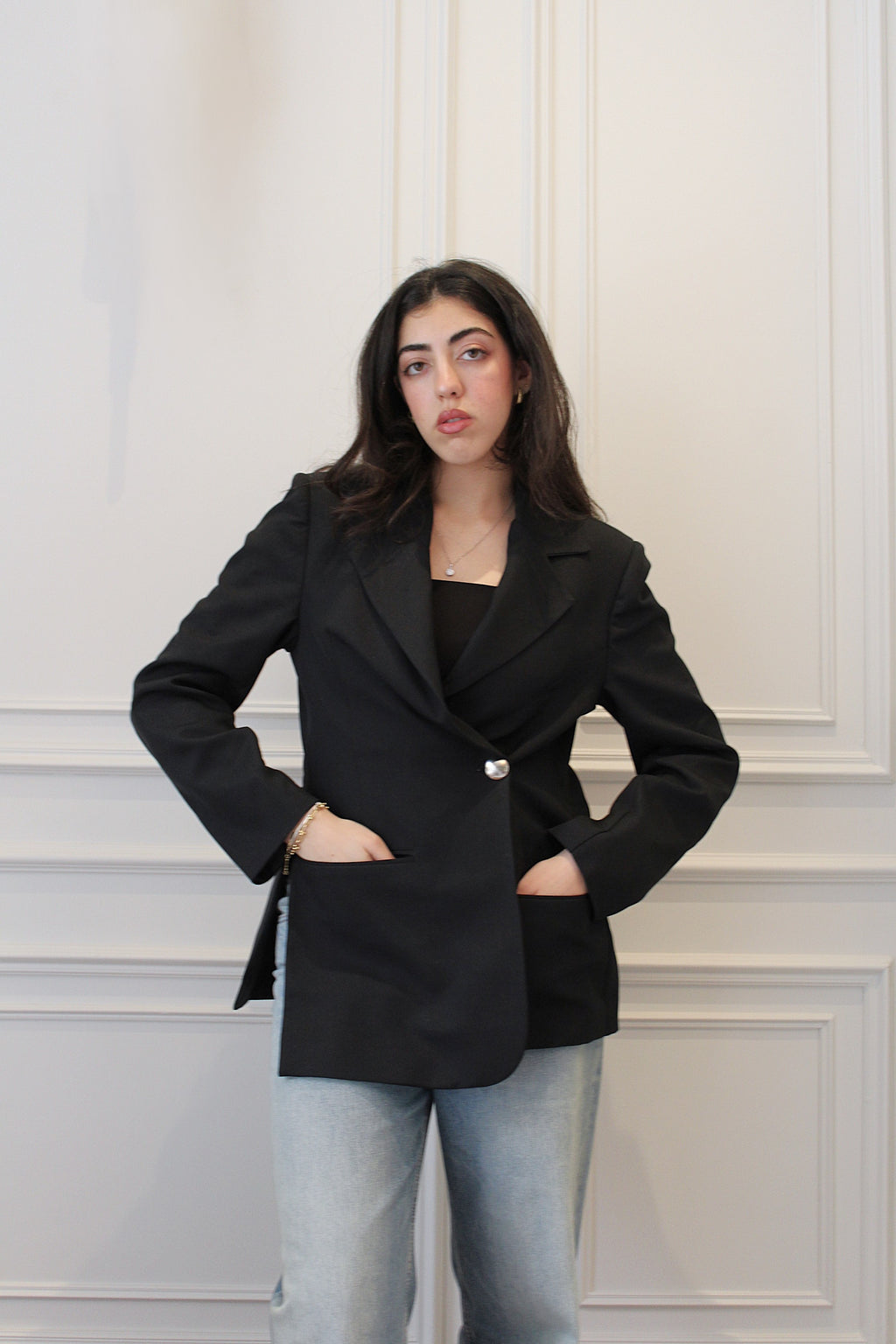 ASYMMETRIC SLIT BLAZER WITH METAL DETAIL (PREORDER)